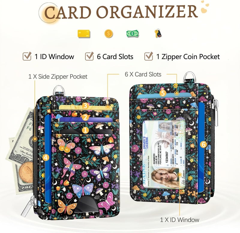 Kelvoris Butterfly Flowers Credit Card Holder Small Wallet Women, Slim RFID Blocking Wallet Woman Keychain with Zipper Coin Pocket, Front Pocket Thin Travel Card Case with ID Window for Ladies Gifts - Image 3